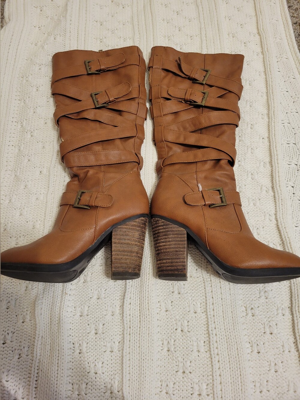 Dollhouse Tan Mid-Calf Block Heel Buckle Boots